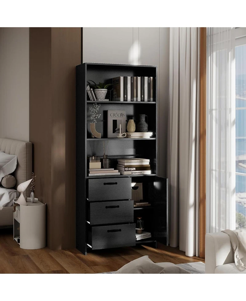 gaomon 71" Tall 6-Tier Bookshelf with Door and 3 Drawers, Modern Wooden Bookcase