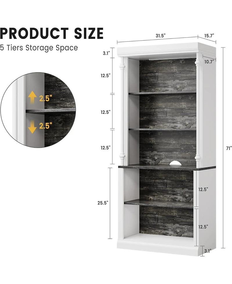 gaomon 5 tier open bookcase with Roman column design, Led lights, adjustable wood grain shelves, freestanding display storage.