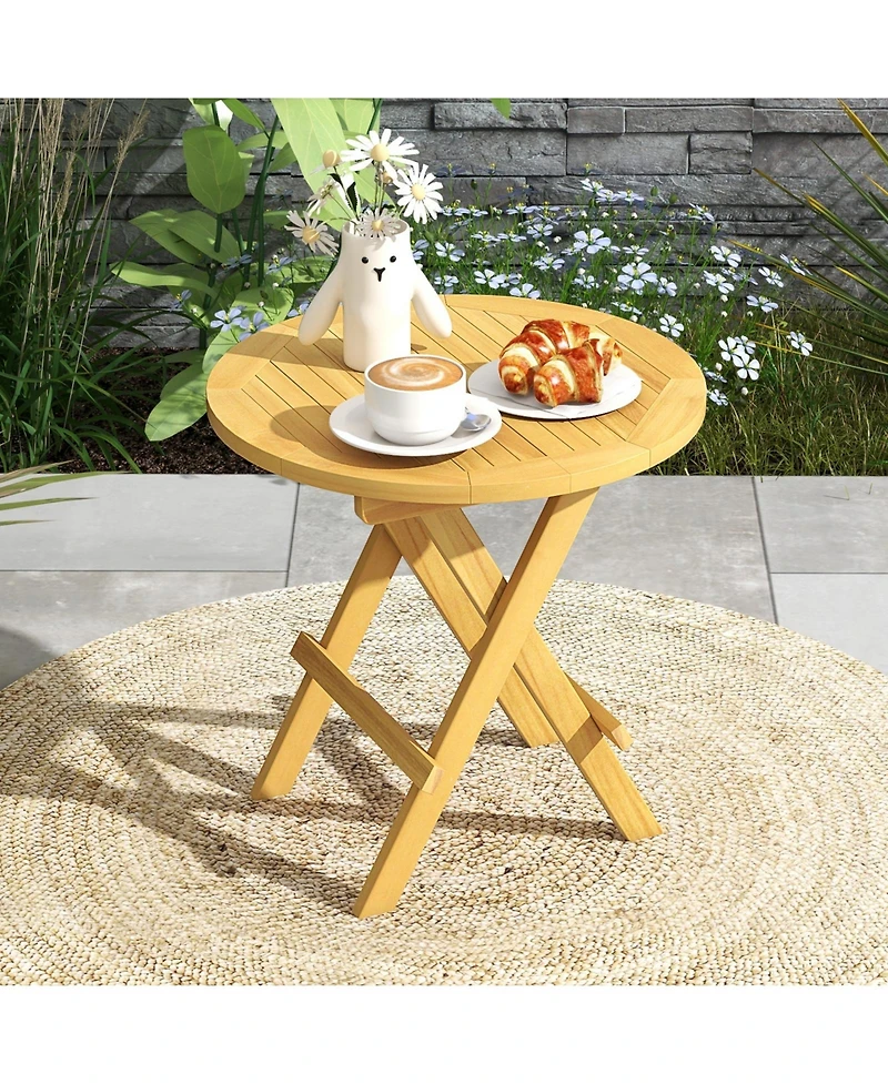 Gouun Folding Teak Wood Outdoor Side Table with X-Shaped Legs and Slatted Top, 20 x 20 in