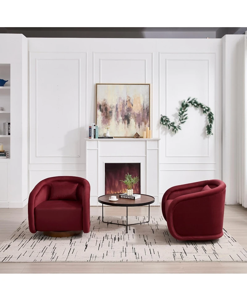 Boyel Living Swivel Accent Chair 360 Degree Velvet Barrel Chair Pumpkin Shaped Brown Rubberwood Base