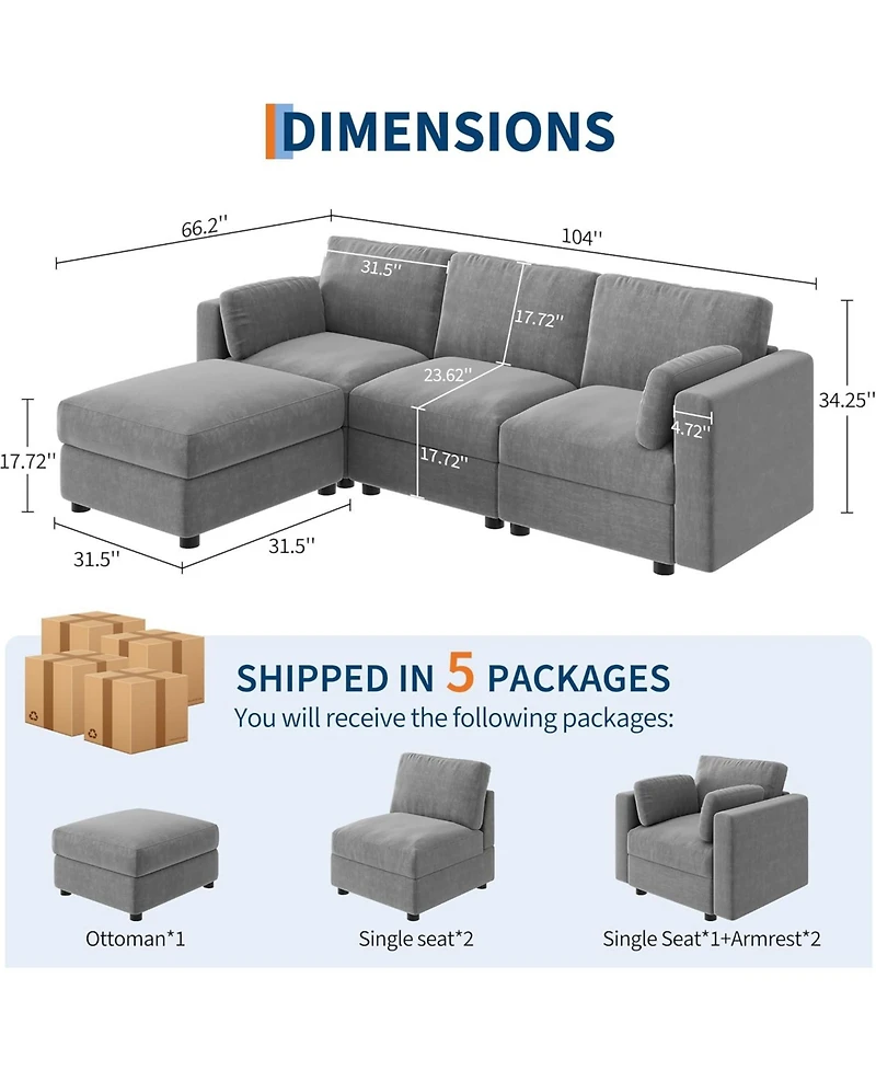gaomon Modular Sectional Sofa- -Seater L-Shaped Couch with Movable Ottoman- Convertible Chenille Sofa