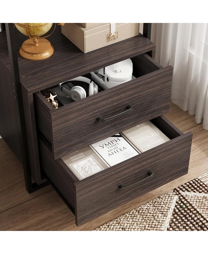 gaomon Modern 3-Tier Industrial Bookcase with 2 Storage Drawers, Wood and Metal Standing Shelf