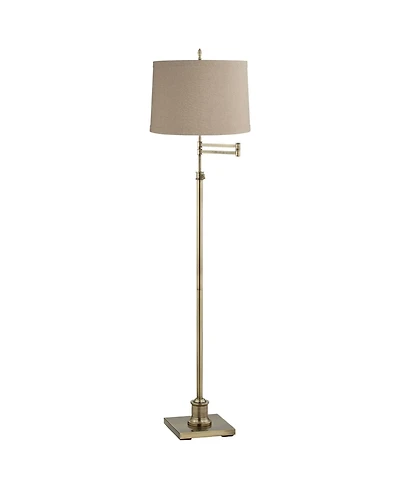 360 Lighting Swing Arm Floor Lamp 70" Tall Antique Brass Linen Fabric Drum Shade for Living Room Reading Bedroom Office