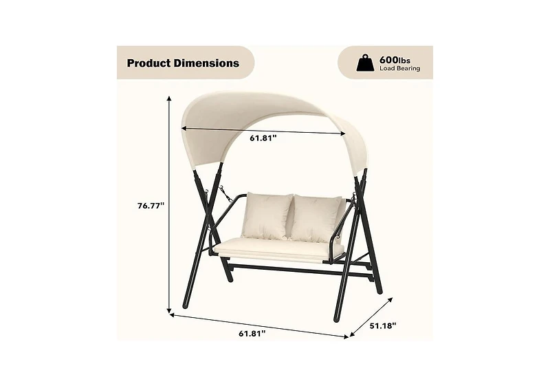 Aecojoy Outdoor Porch Swings for Adults 600LBS 2 Seat Patio Swings with Canopy