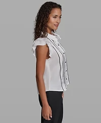 Karl Lagerfeld Paris Women's Ruffle Detail Sleeveless Collared Top