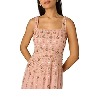 Adrianna Papell Women's Square Neck Mesh Midi Dress