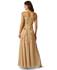 Adrianna Papell Women's Scoop Neck Mesh Long Dress