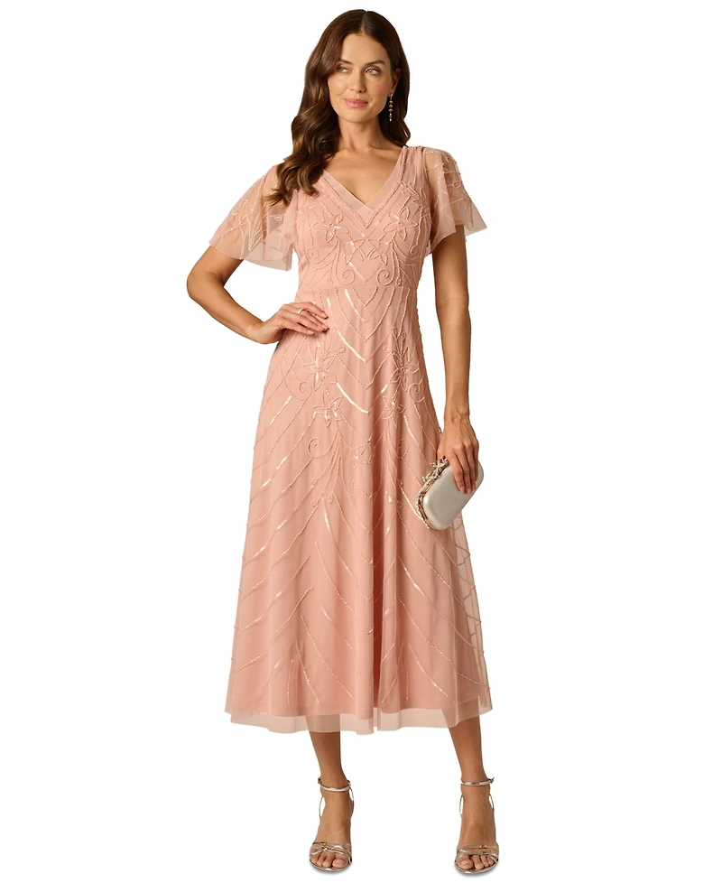 Adrianna Papell V-Neck Bead Mesh Flutter Dress