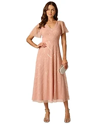Adrianna Papell V-Neck Bead Mesh Flutter Dress