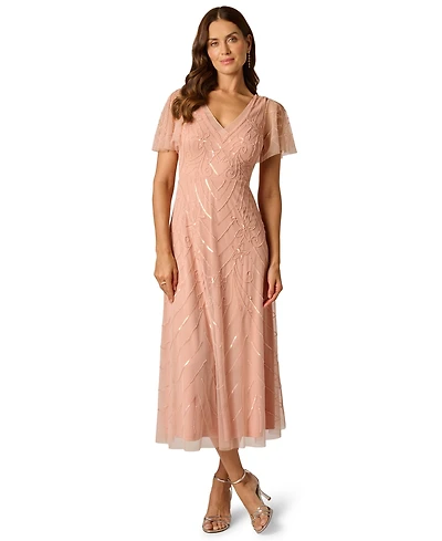 Adrianna Papell V-Neck Bead Mesh Flutter Dress