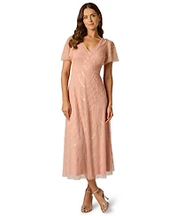 Adrianna Papell V-Neck Bead Mesh Flutter Dress