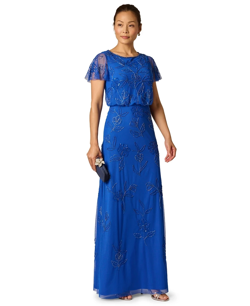 Adrianna Papell Women's Beaded Blouson Flutter-Sleeve Dress