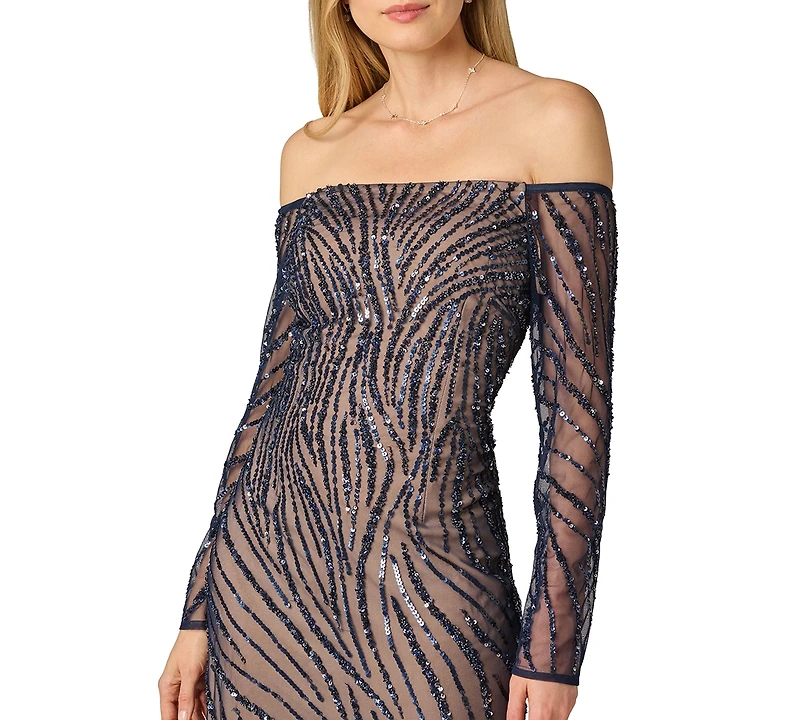 Adrianna Papell Women's Off the Shoulder Beaded Long Dress