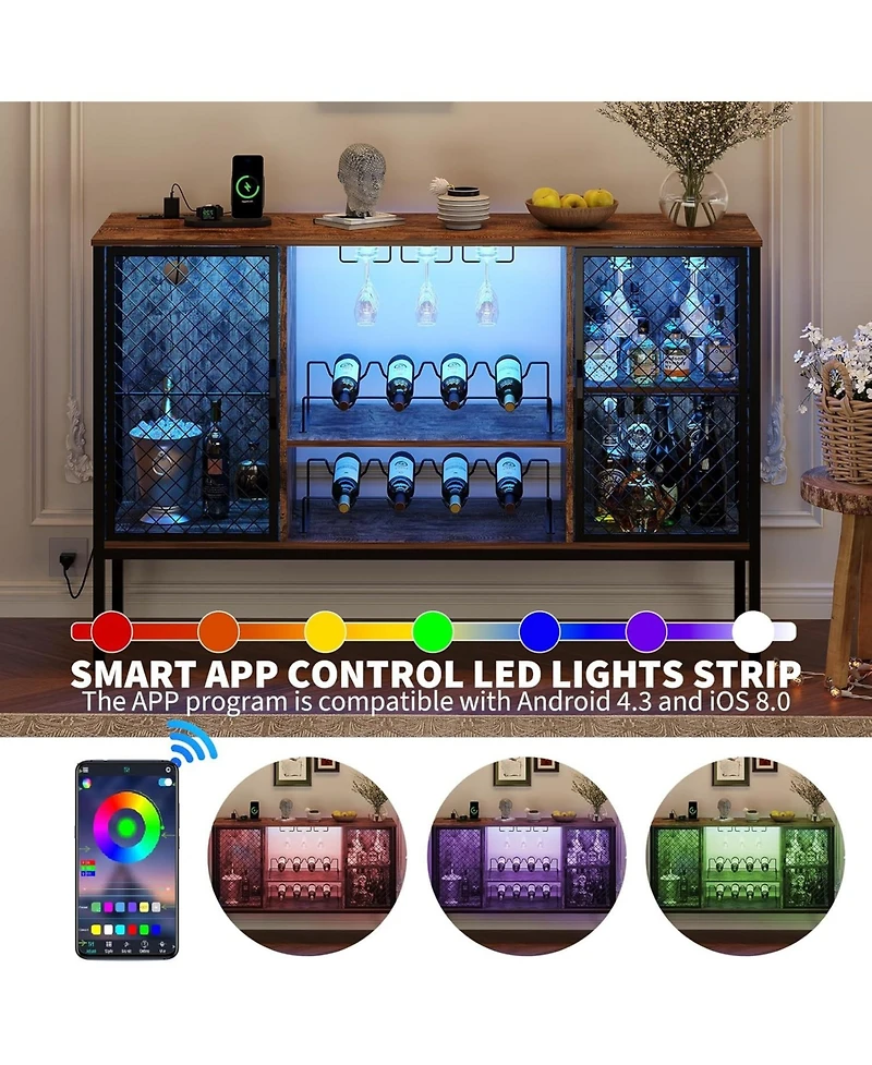 gaomon 47 in Industrial Coffee Bar Cabinet with Led Lights and Power Outlets, Wood Liquor Cabinet with 2 Doors, Glass Holders and Storage
