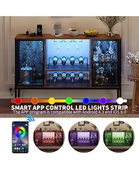 gaomon 47 in Industrial Coffee Bar Cabinet with Led Lights and Power Outlets, Wood Liquor Cabinet with 2 Doors, Glass Holders and Storage