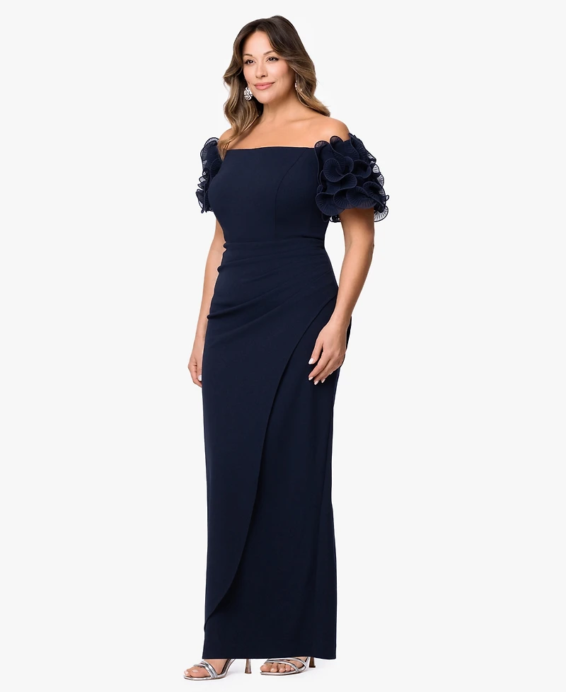 Xscape Plus Off-The-Shoulder Short-Sleeve Gown