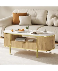 gaomon 48" Oval Coffee Table with Storage, Modern Luxury Coffee Table with Drawer and Faux Marble Top, Fluted Center Table with Curved Profile Design