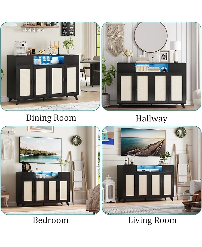 gaomon Power Outlet and Led Lights - 4 Door Accent Storage Cabinet, 2 Drawers Console Table with Adjustable Shelves