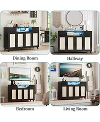 gaomon Power Outlet and Led Lights - 4 Door Accent Storage Cabinet, 2 Drawers Console Table with Adjustable Shelves