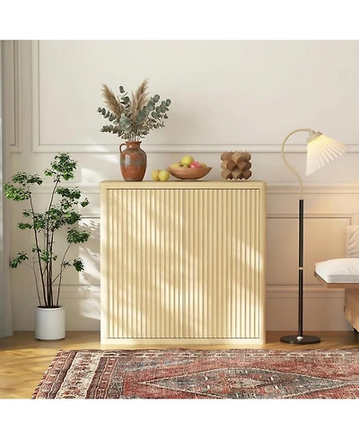 gaomon Sideboard, 35 Inch Fluted Wood Coffee Bar Organizer, Modern Pop Up Buffet Table with Storage, Natural Entryway Credenza Furniture