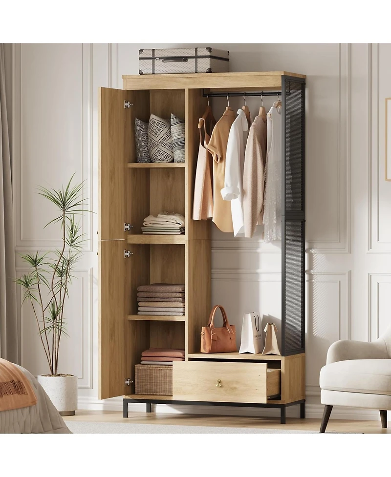 gaomon Modern Armoire Wardrobe Closet, Wood and Metal Frame Clothes Storage Organizer with Double Closed Doors, Open Hanging Rod