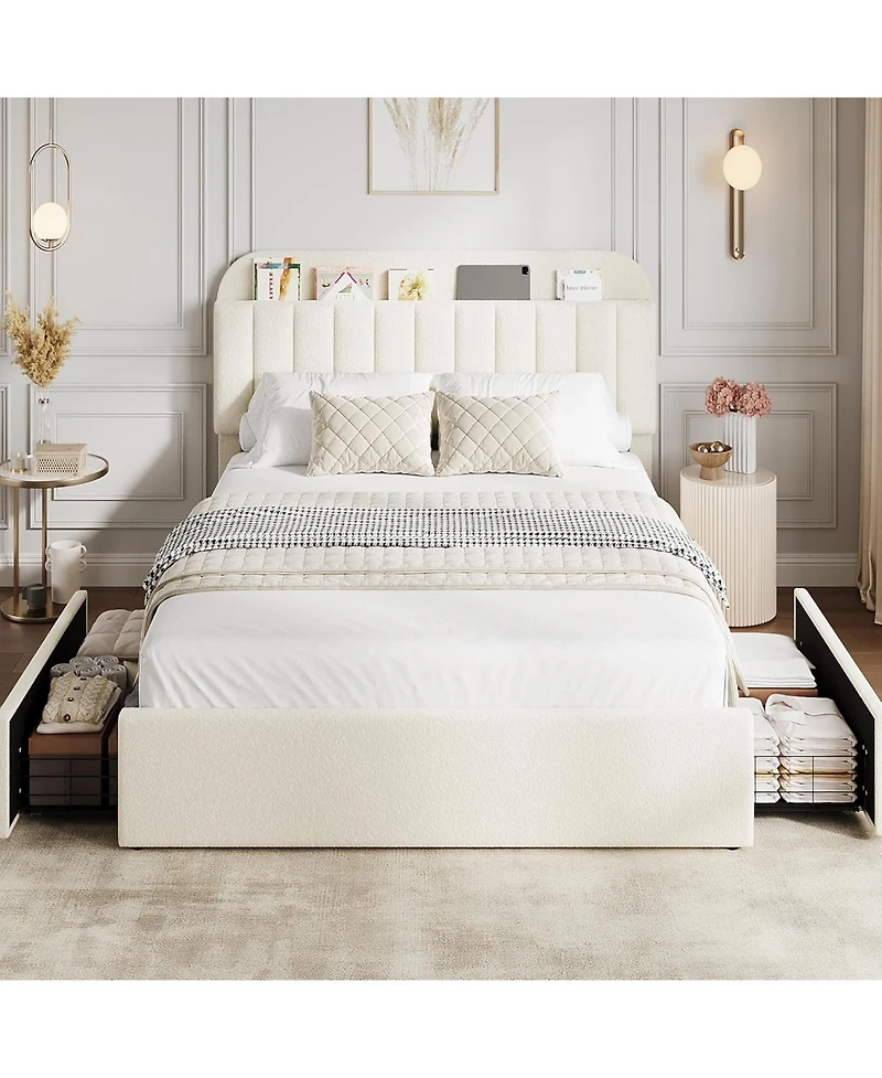 gaomon Full Boucle Bed Frame with Storage Headboard and 2 Drawers, Upholstered Platform