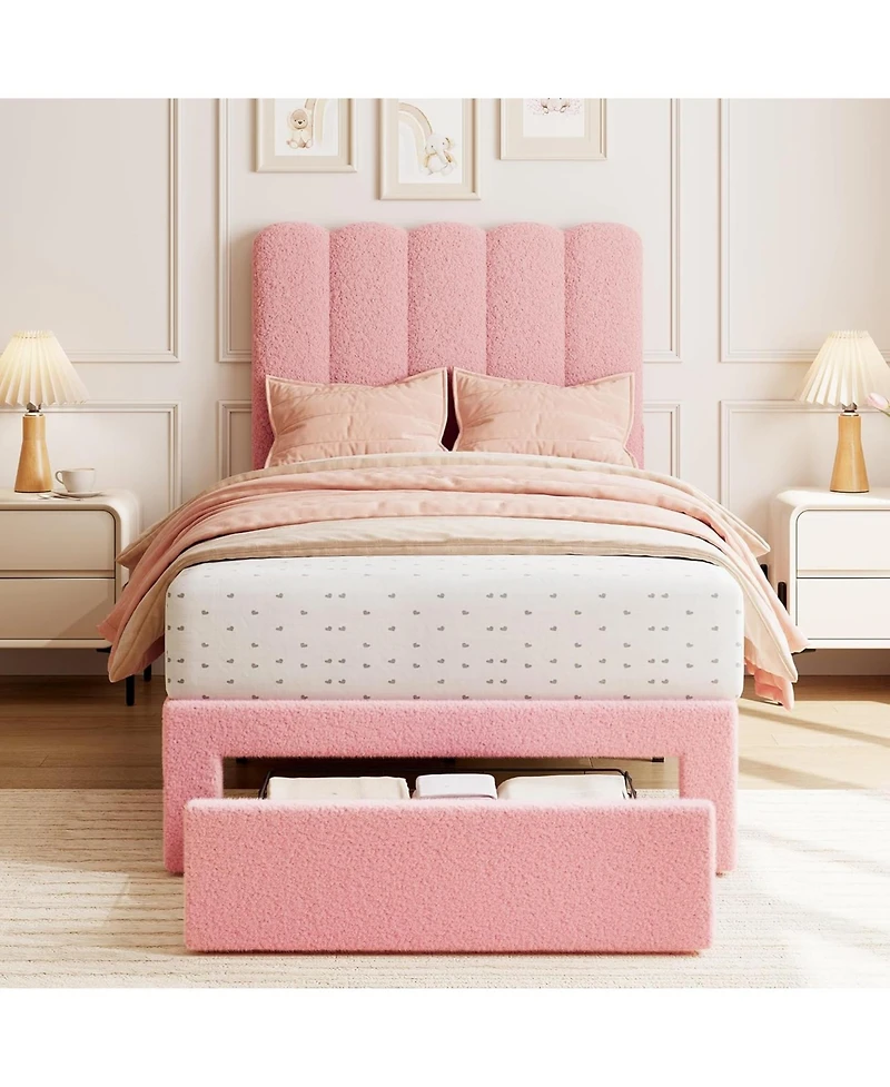 gaomon Set of 2 Twin Upholstered Bed Frames with Drawer and Wave Headboard, Kids Platform Design
