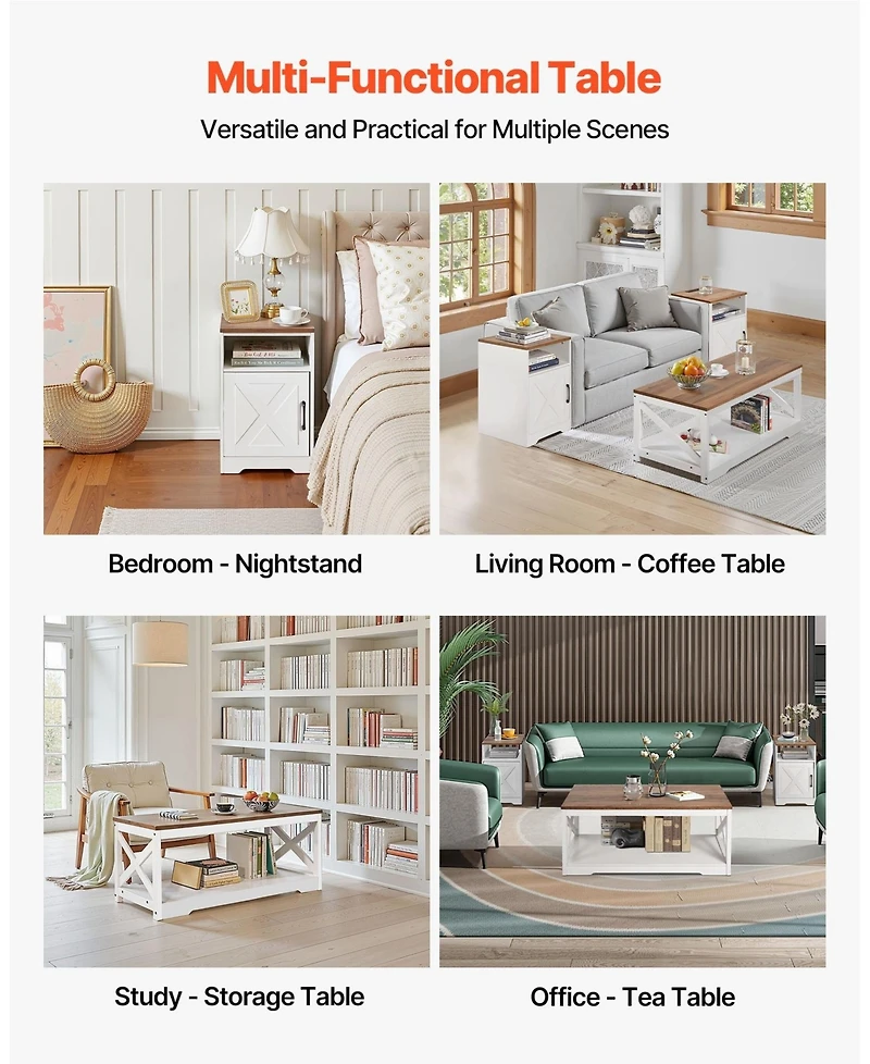 Gouun Farmhouse Coffee Table Set with 2 End Tables and Charging Station