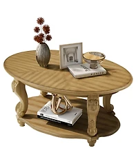 Rainsken 42" Oval Coffee Table, 2-Tier Solid Wood Center Table with Open Storage Shelf for Living Room, Small Space