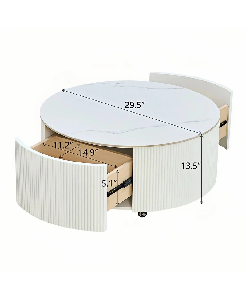 Rainsken Round Coffee Table with Wheels, Living Room Center Table with Marble Pattern Sintered Stone Tabletop and Dual Drawers for Storage