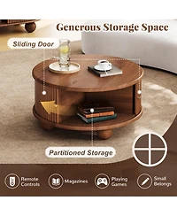 Rainsken Round Fluted Coffee Table with Storage, Modern Solid Wood Center Table Furniture Sliding Door for Living Room, Small Spaces