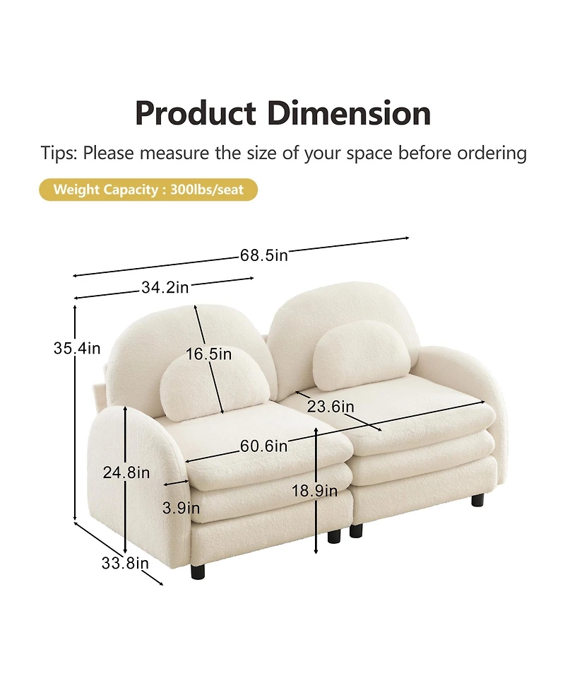 Rainsken 2-Seater Curved Teddy Fabric Loveseat Sofa, Flexible Modular Couch with Curved Lumbar Support Pillows for Living Room Decor