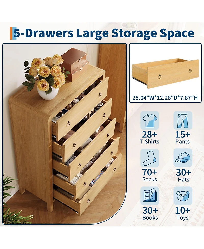 gaomon 5 Drawer Modern Closet Dressers Chest, Wood Storage Dresser Chest of Drawers Clothes Organizer for Bedroom Living Room Hallway