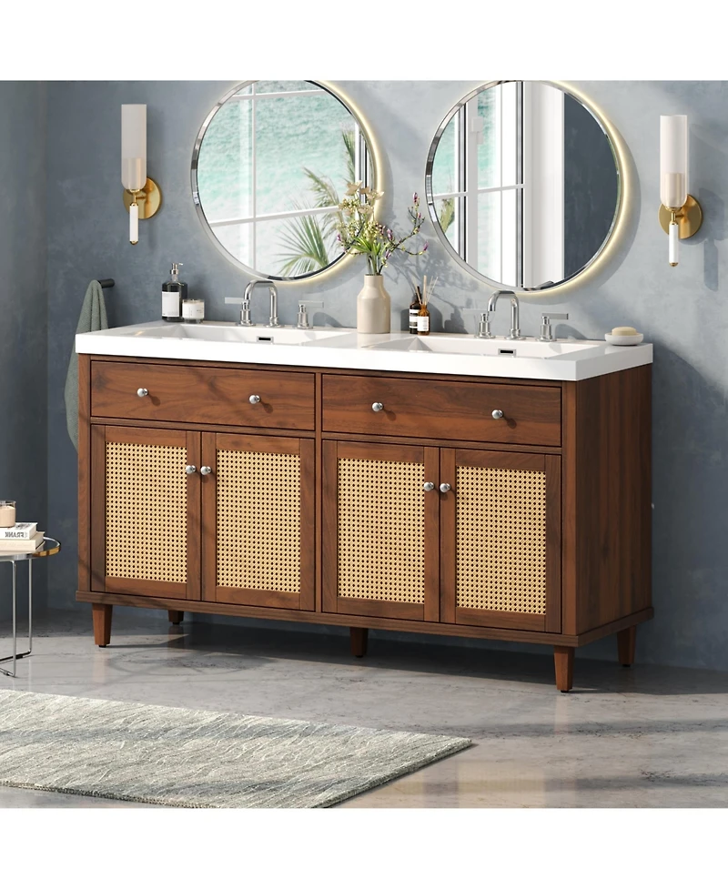 Busdays 60 Inch Double Sink Bathroom Vanity Smc Sink 2 Flip Out Drawers 4 Soft Close Doors Solid Wood Legs Metal Knobs