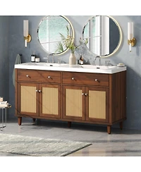 Busdays 60 Inch Double Sink Bathroom Vanity Smc Sink 2 Flip Out Drawers 4 Soft Close Doors Solid Wood Legs Metal Knobs