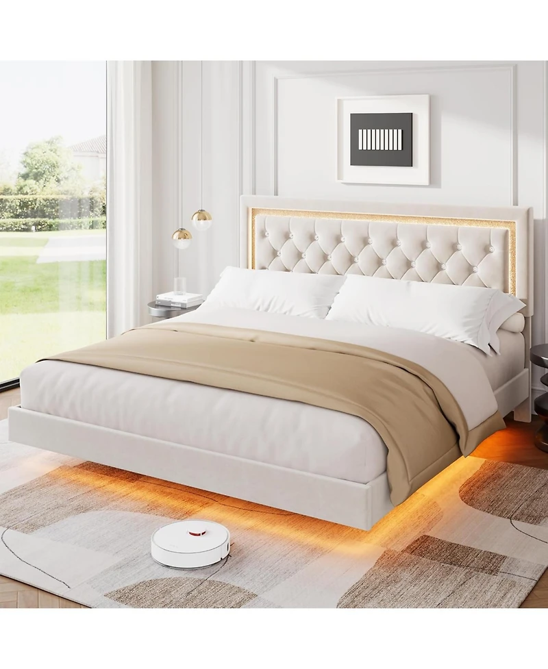 gaomon Floating Bed Frame with Led Lights, Upholstered Platform with Diamond Headboard, Wood Slats Support