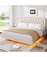gaomon Floating Bed Frame with Led Lights, Upholstered Platform with Diamond Headboard, Wood Slats Support