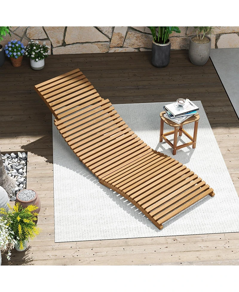 Gouun Teak Wood Folding Patio Chaise Lounge with Slatted Seat