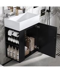 Sillysis 20 Inch Bathroom Vanity with Ceramic Sink, Side Storage Shelves and Towel Bar, Wall Mount Cabinet for Small Spaces