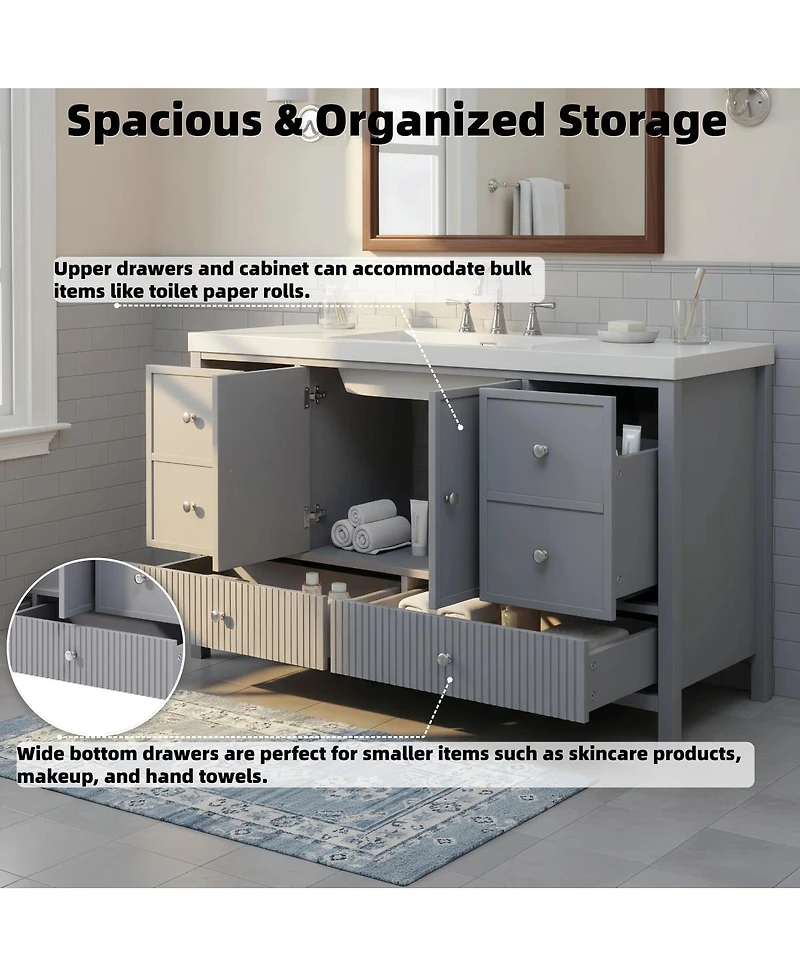 Sillysis 60 Inch Modern Bathroom Vanity with Countertop, Soft Close Drawers and Ample Storage, Freestanding Cabinet for Large Bathrooms