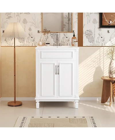 Sillysis 24 Inch Freestanding Bathroom Vanity with Ceramic Sink, Soft Close Storage, Solid Wood Cabinet for Small Spaces.