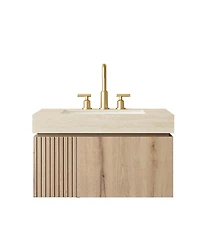 Busdays 30 Inch Oak Woodgrain Floating Bathroom Vanity with Sink Roma Travertine Stone Top Ceramic Basin Drawer Door Pre Assembled