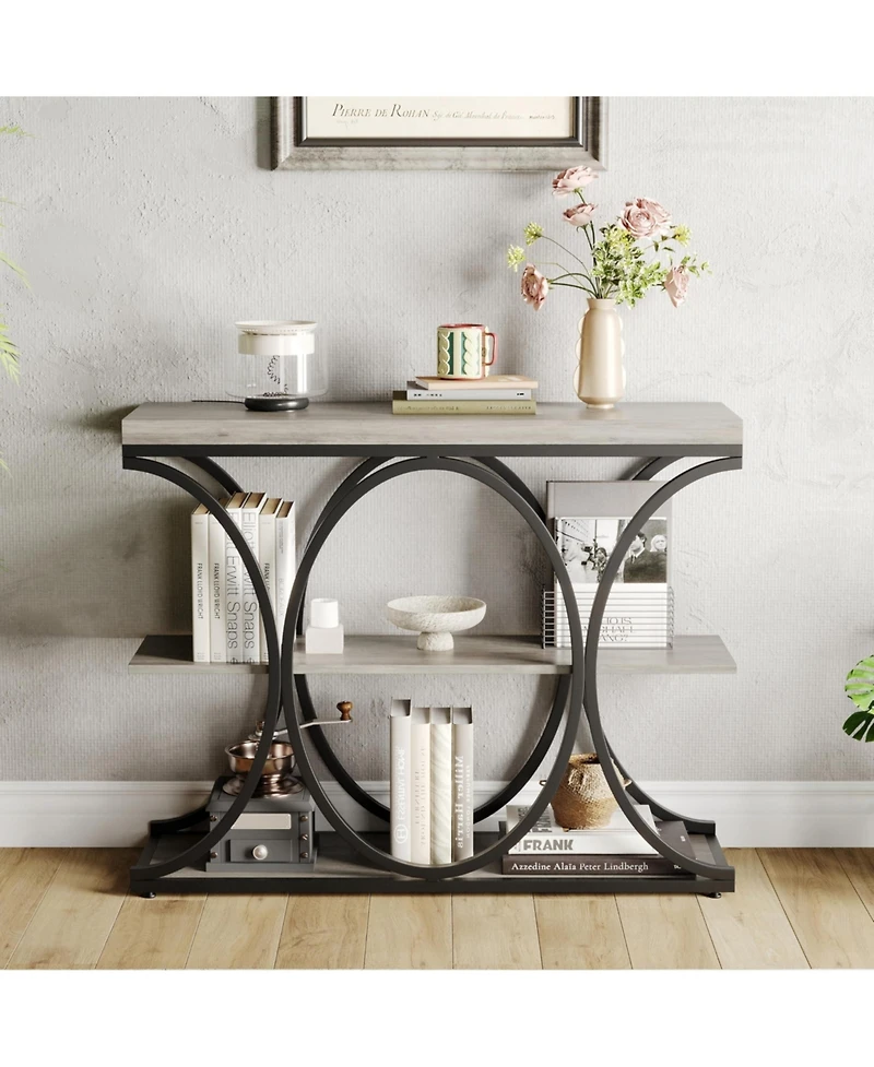 gaomon 39" Industrial 3-Tier Sofa Console Table with Oval-Shaped Metal Frame and Adjustable Feet