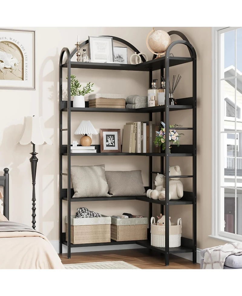 gaomon 68.5" Industrial L-Shaped Corner Bookshelf, 5-Tier Arched Metal Frame Corner Bookcase