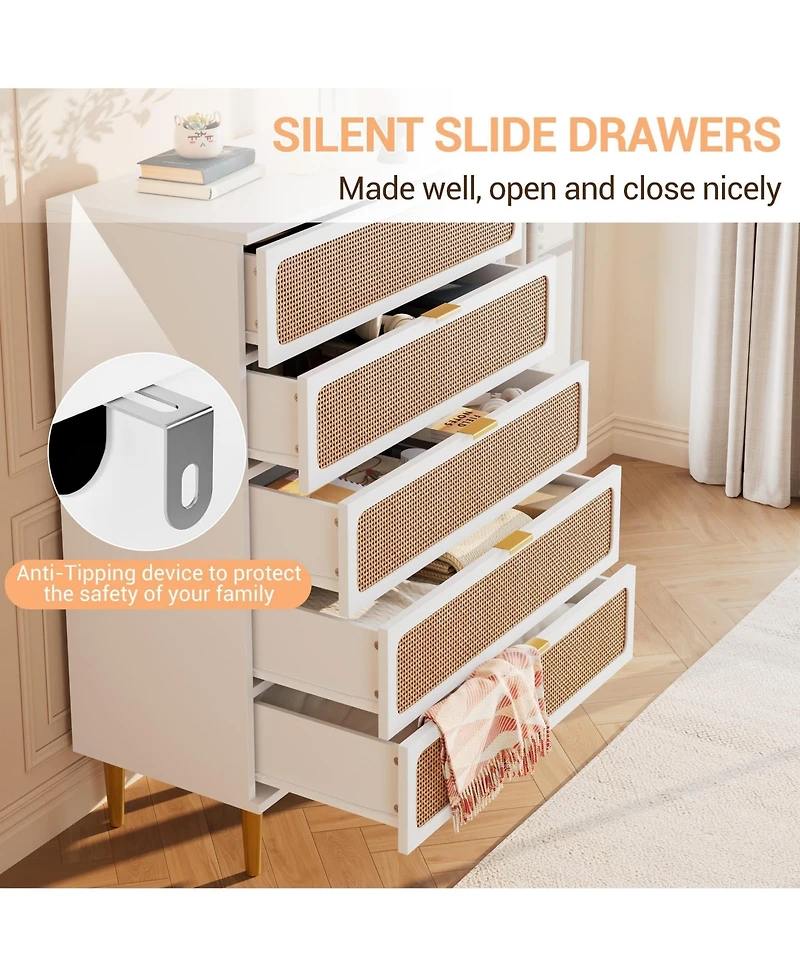 gaomon Rattan Dresser with 5 Drawers, Tall Modern Closet with Deep Storage, Large Chest of Drawers with Wide Top