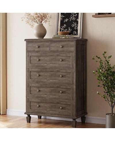 gaomon 47" Tall Vintage 6 Drawer Dresser with Carved Handles and Tapered Legs Design, Wood Chests of Drawers with Large Capacity Storage