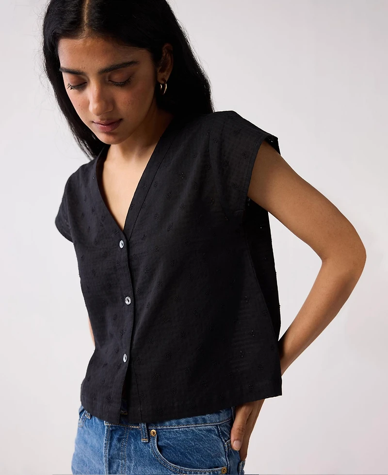 Reistor Women's V-Neck Embroidered Top with Front Buttons