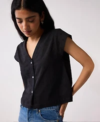 Reistor Women's V-Neck Embroidered Top with Front Buttons