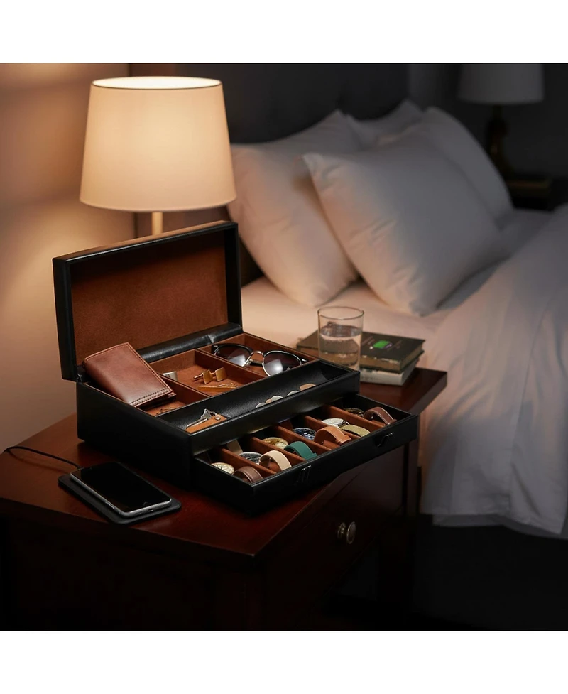 Yigii Box Organizer Valet Tray Faux Leather Jewelry Storage Compartments