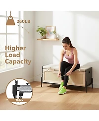Yigii Rattan Storage Bench with Cushion Safety Hinges Shoe Chest for Living Room Bedroom